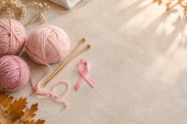 Bredt bilde med rosa garnnøster, strikkepinner og rosa sløyfe