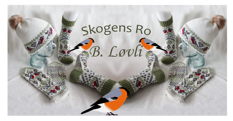 Norske strikkeoppskrifter fra beasstrikkedesign banneret viser lue, votter og sokker med dompapper