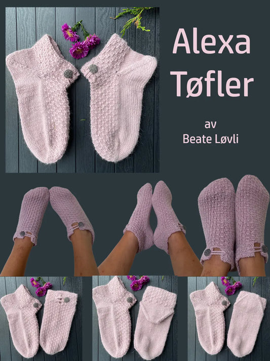 Alexa Tøfler med mange bilder. På modell, liggende på bord og tekst med navnet