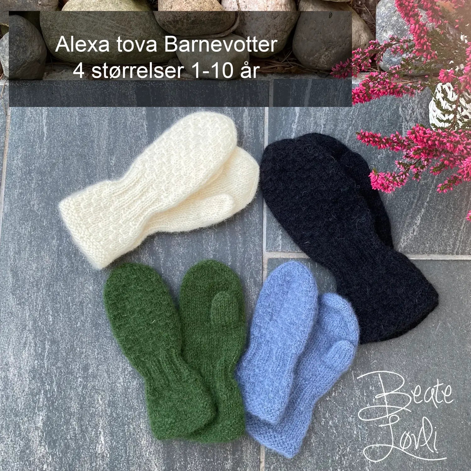 Alexa tova barnevotter med strukturmønster med tekst 4 størrelser 1-10 år