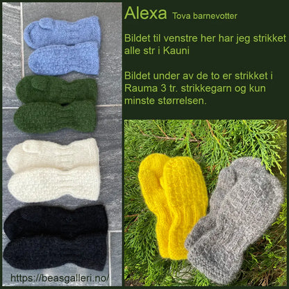Alexa tova barnevotter med tekst om alternative garntyper som ble brukt i oppskriften