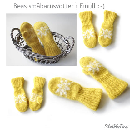 Beas tova småbarnsvotter sett fra flere vikler i gul farge som påskeinspirasjon