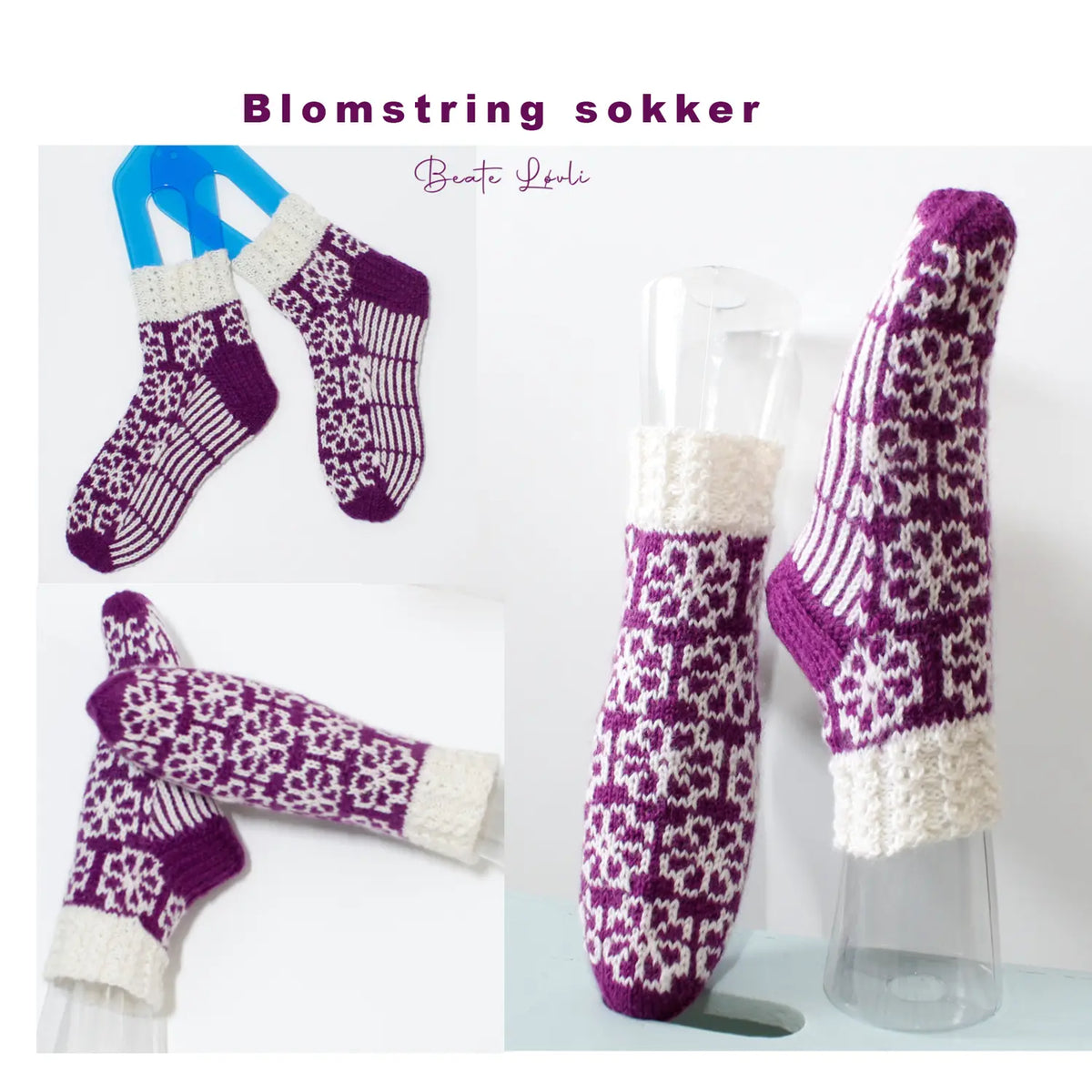 Blomstring sokker med blomstermotiv vist i ulike formar, liggende og på modeller