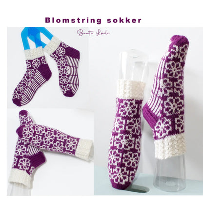 Blomstring sokker med blomstermotiv vist i ulike formar, liggende og på modeller