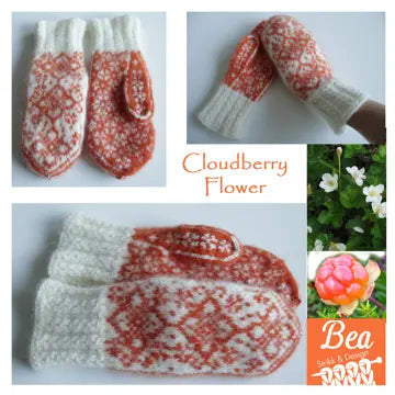 Cloudberry flowers tova selbuvotter med mønster i to farger viser vottene liggende flatt, og på modell