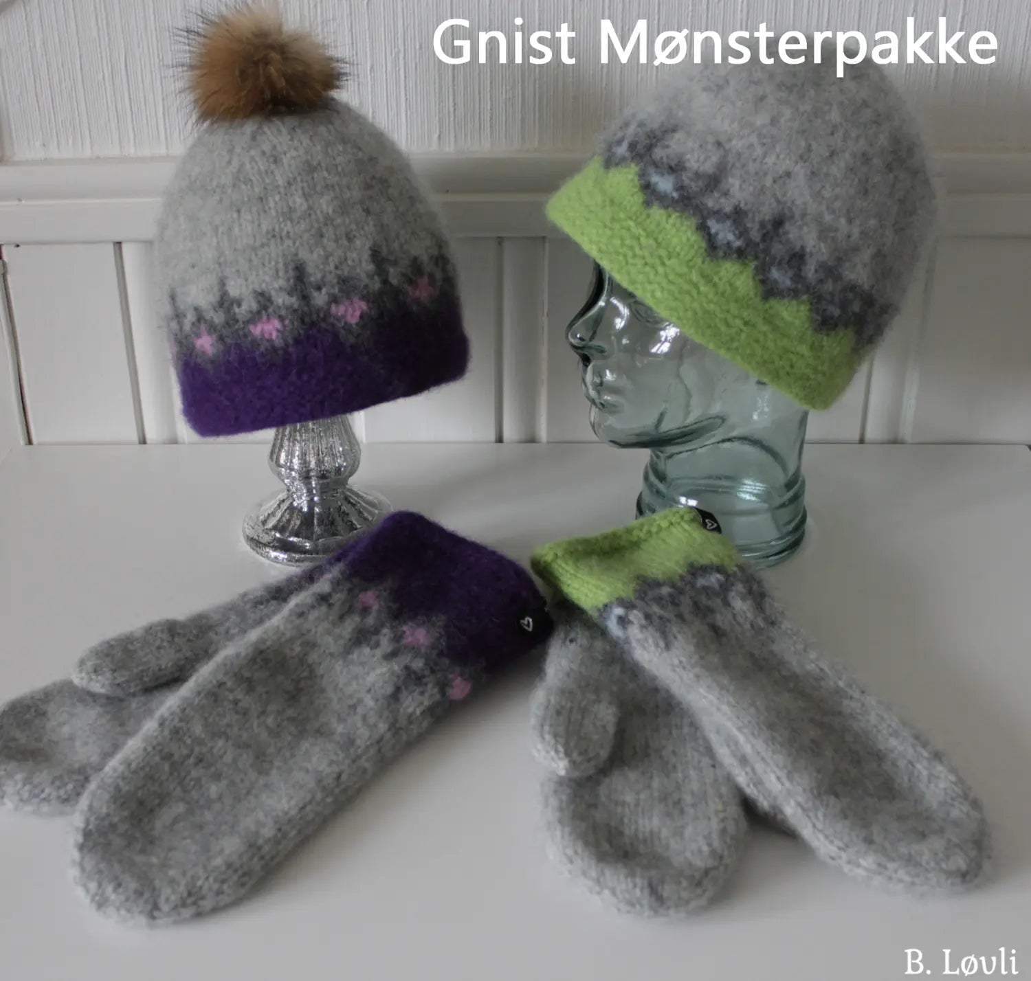 Gnist tova votter og tova lue, vist på modeller og liggende