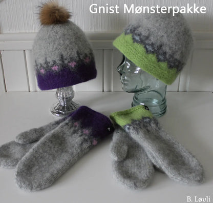 Gnist tova votter og tova lue, vist på modeller og liggende