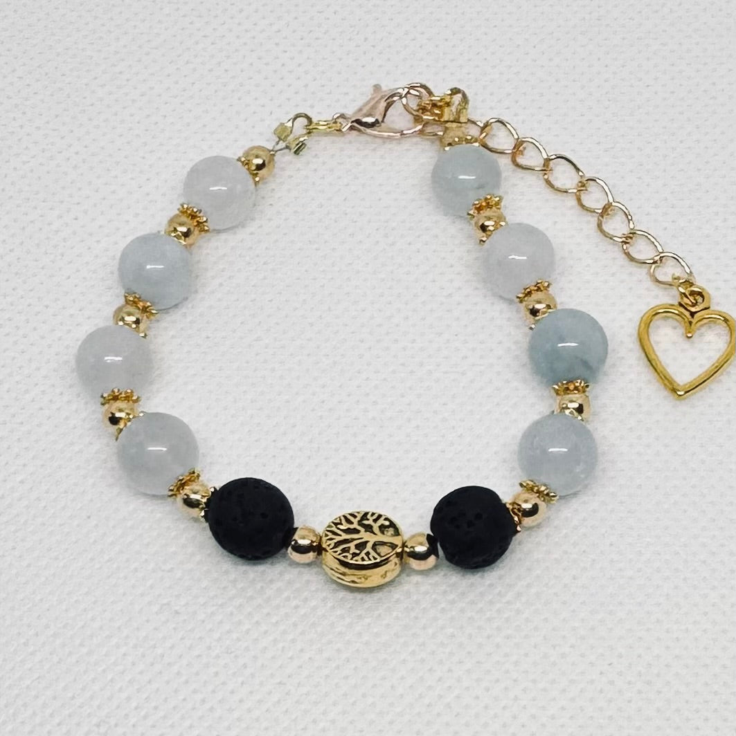 Armbånd i akvamarin og lava stener 8mm