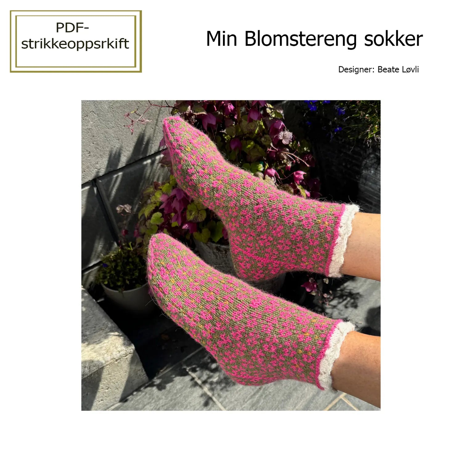 Min BlomsterEng blomstersokker vist på bilde fra strikkeopskriften
