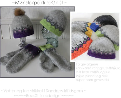 Gnist tovet lue og tovede votter i freshe farger vist både på modeller og liggende flatt, med tekster rundt bildene