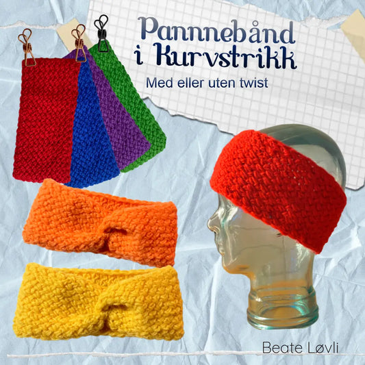 Pannebånd i kurvstrikk viser pannebåndet på modell og liggende fra strikkoppskriften