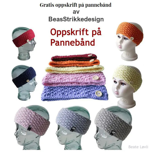Pannebånd i perlestrikk vist på modeller i like farger samt vist liggende i alle farger