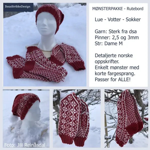 RuteBord mønsterpakke vist på samlingsbilde av lue, votter og sokker. Med mønster i tradisjonell norsk design