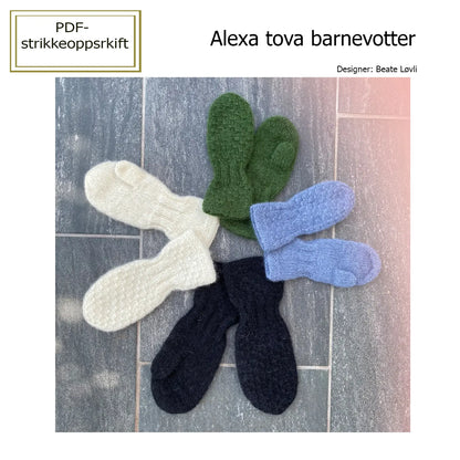 Alexa tova barnevotter med visning i strikkeoppskrift