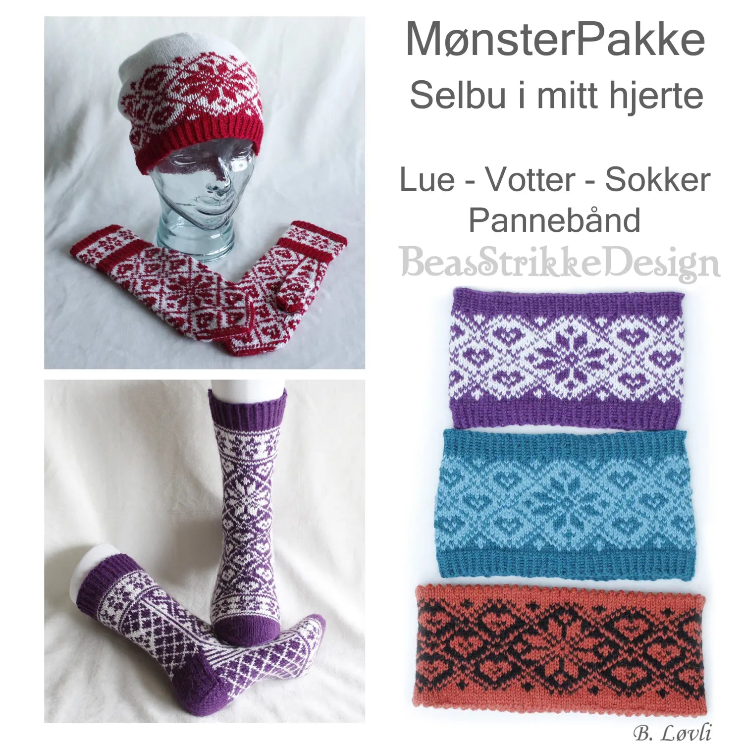 Selbu i mitt hjerte mønsterpakke viser samling på alle plaggene, lue, votter, pannebånd og sokker.