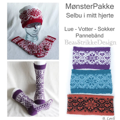 Selbu i mitt hjerte mønsterpakke viser samling på alle plaggene, lue, votter, pannebånd og sokker.