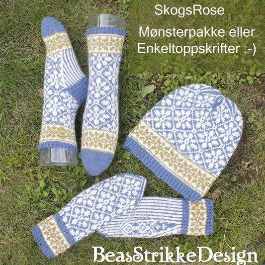 SkogsRose møsnterpakke viser sokker, lue og votter i selbumønster
