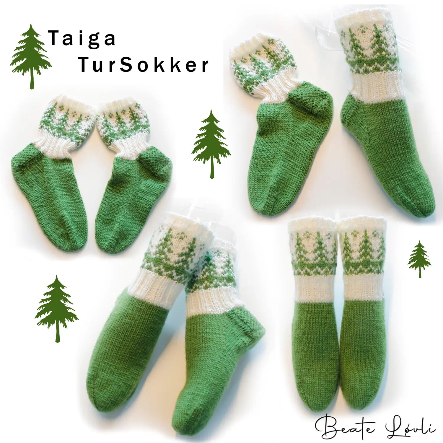 Taiga tursokker med nordisk natur som motiv, på samlingsbilde i ulike vinkler