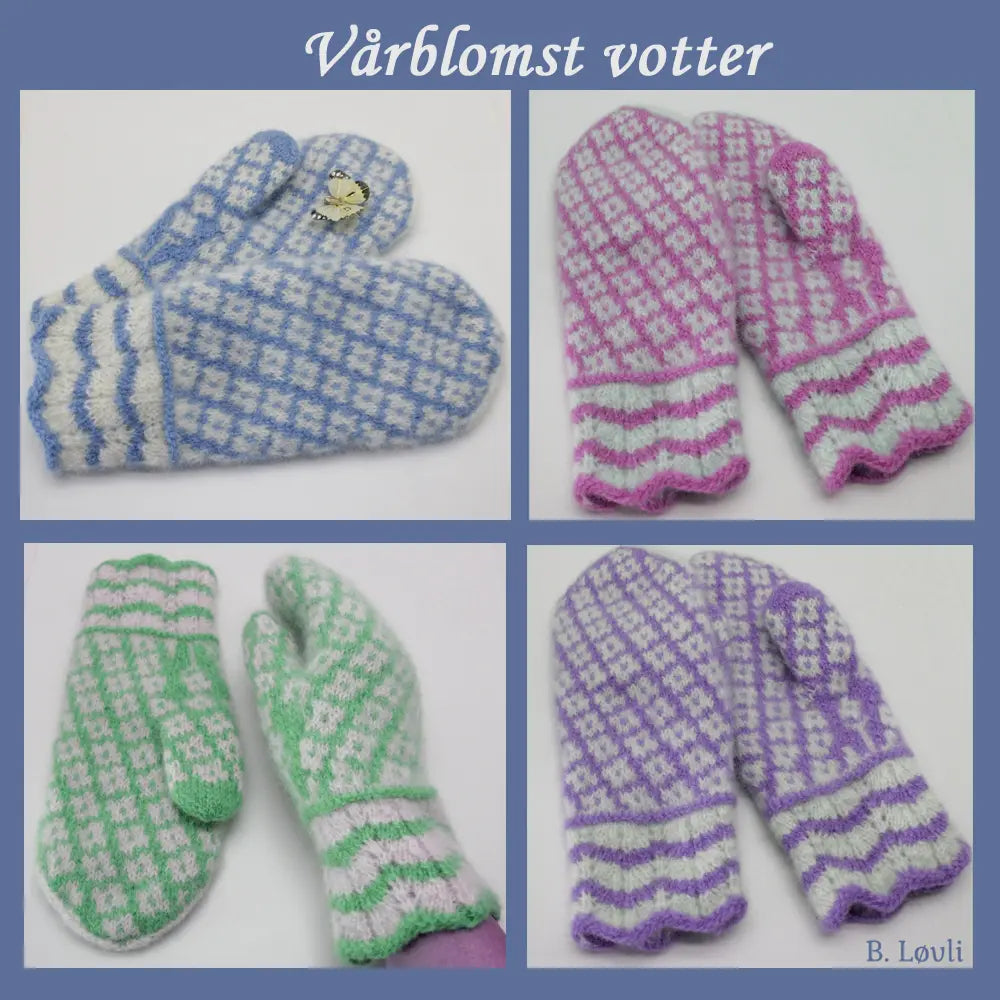 Vårblomst votter med blomstermotiv vist på samlingsbilde av 4 par votter i ulike farger