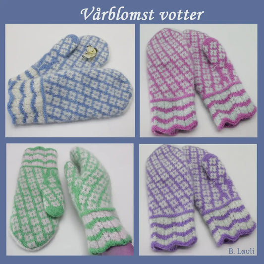Vårblomst votter med blomstermotiv vist på samlingsbilde av 4 par votter i ulike farger