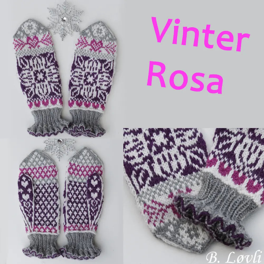 Vinter Rosa Mønservotter med volang vist på samlingsbilde fra ulike vinkler