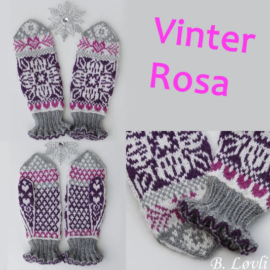 Vinter Rosa Mønservotter med volang vist på samlingsbilde fra ulike vinkler