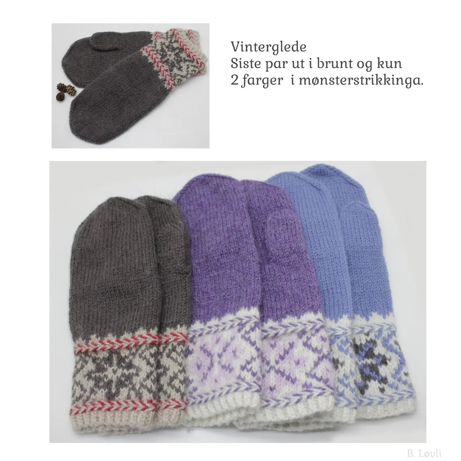 Vinterglede votter viser samlingsbilde ra ulike vinkler 