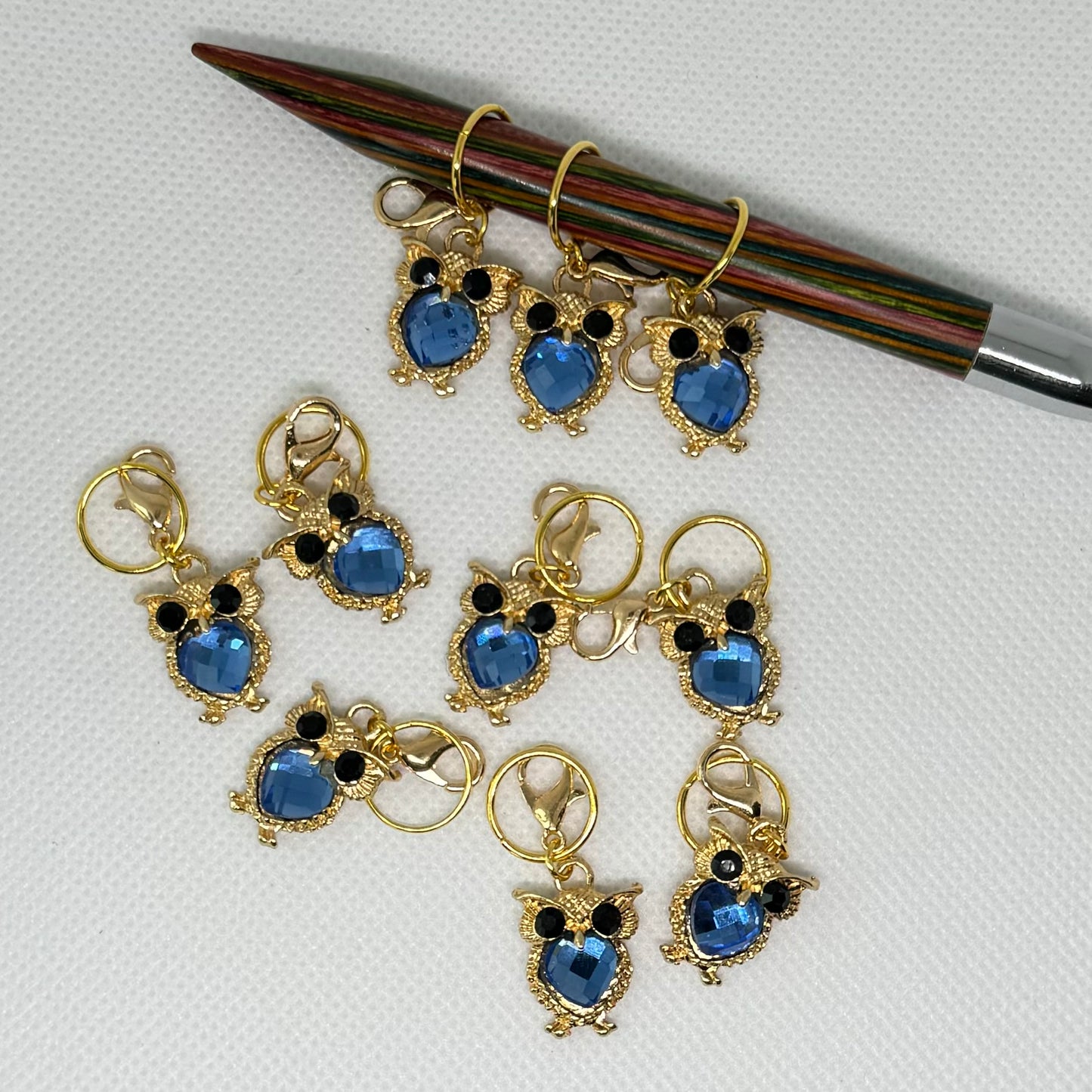 Maskemarkør - Blå ugler rinestones - gullfarget