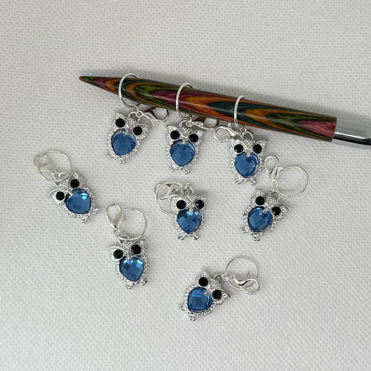 Maskemarkør - Blå ugler rinestones - sølvfarget