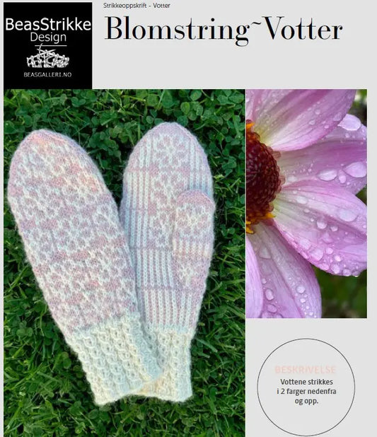 Blomstring votter med blomstermotiv og flettekant