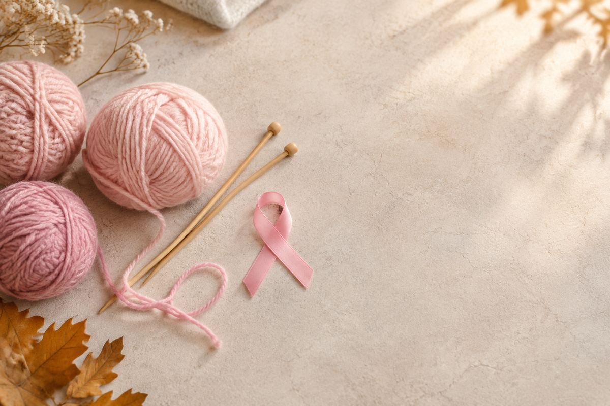Bredt bilde med rosa garnnøster, strikkepinner og rosa sløyfe