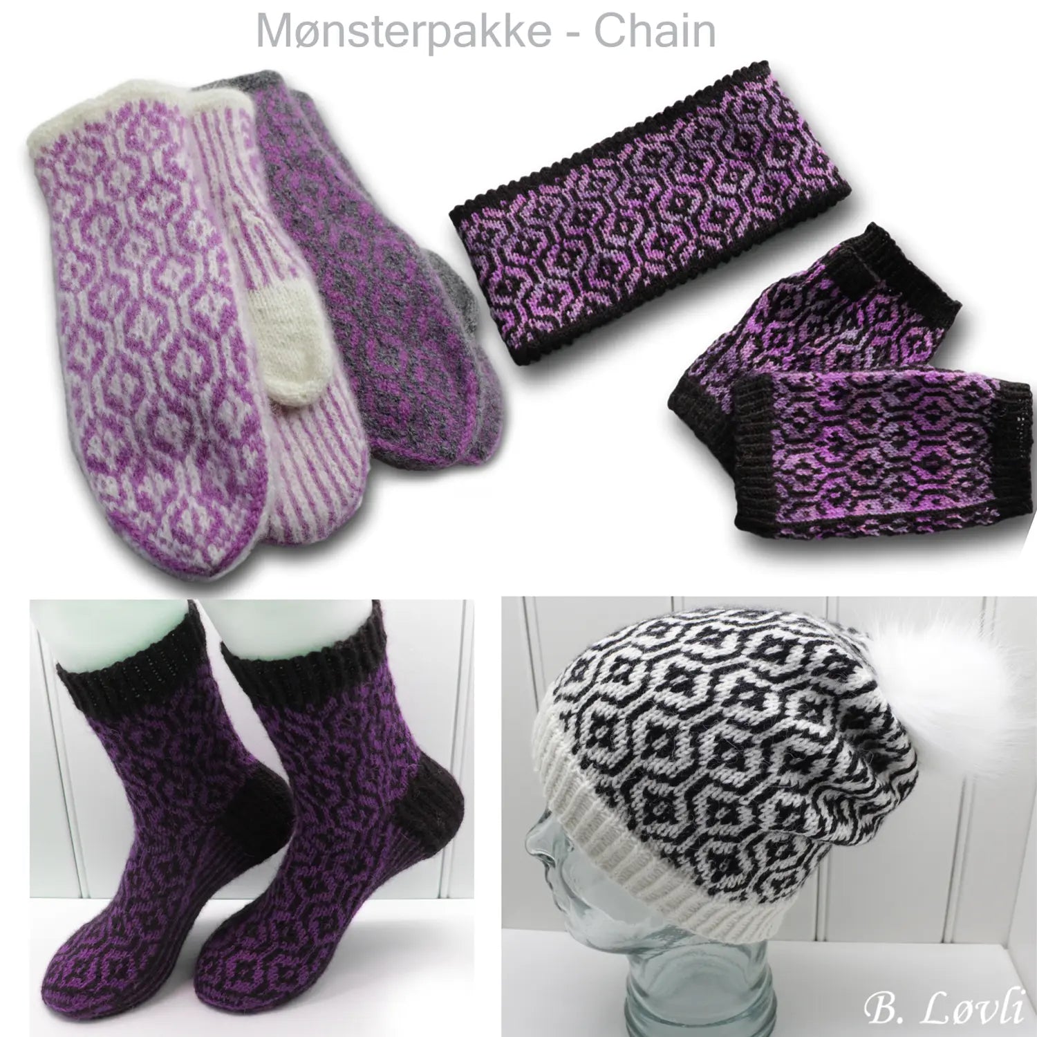 Chain mønsterpakke med alle oppskriftene, votter, pannebånd, pulsvanter, lue og sokker