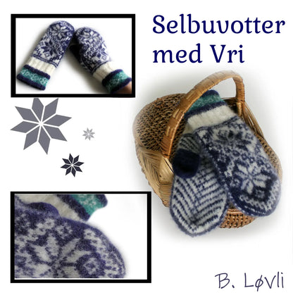 Selbuvotter med vri vist på samlingsbilde detaljbilde, på hånd og liggende flatt på kurv