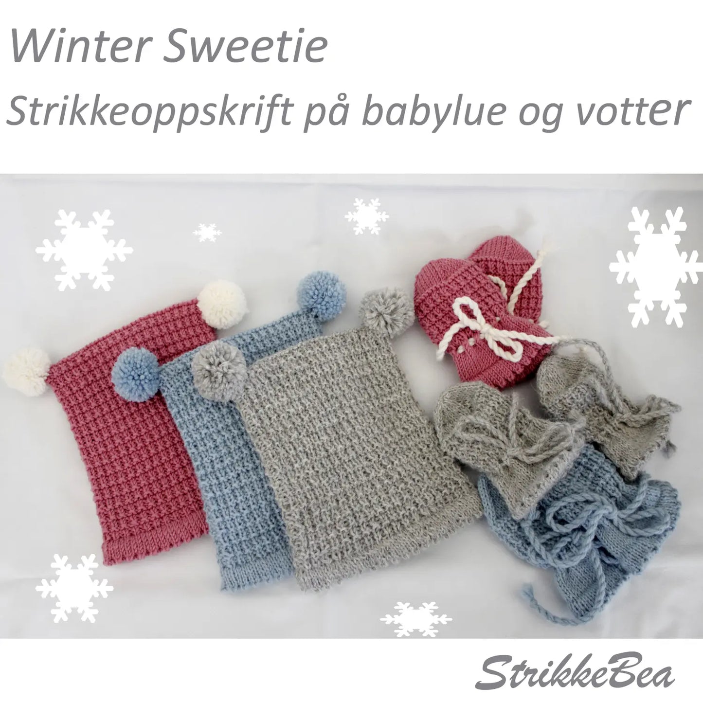 Strikket babysett i strukturmønster med lue og votter uten tommel, visning av tre fargevarianter