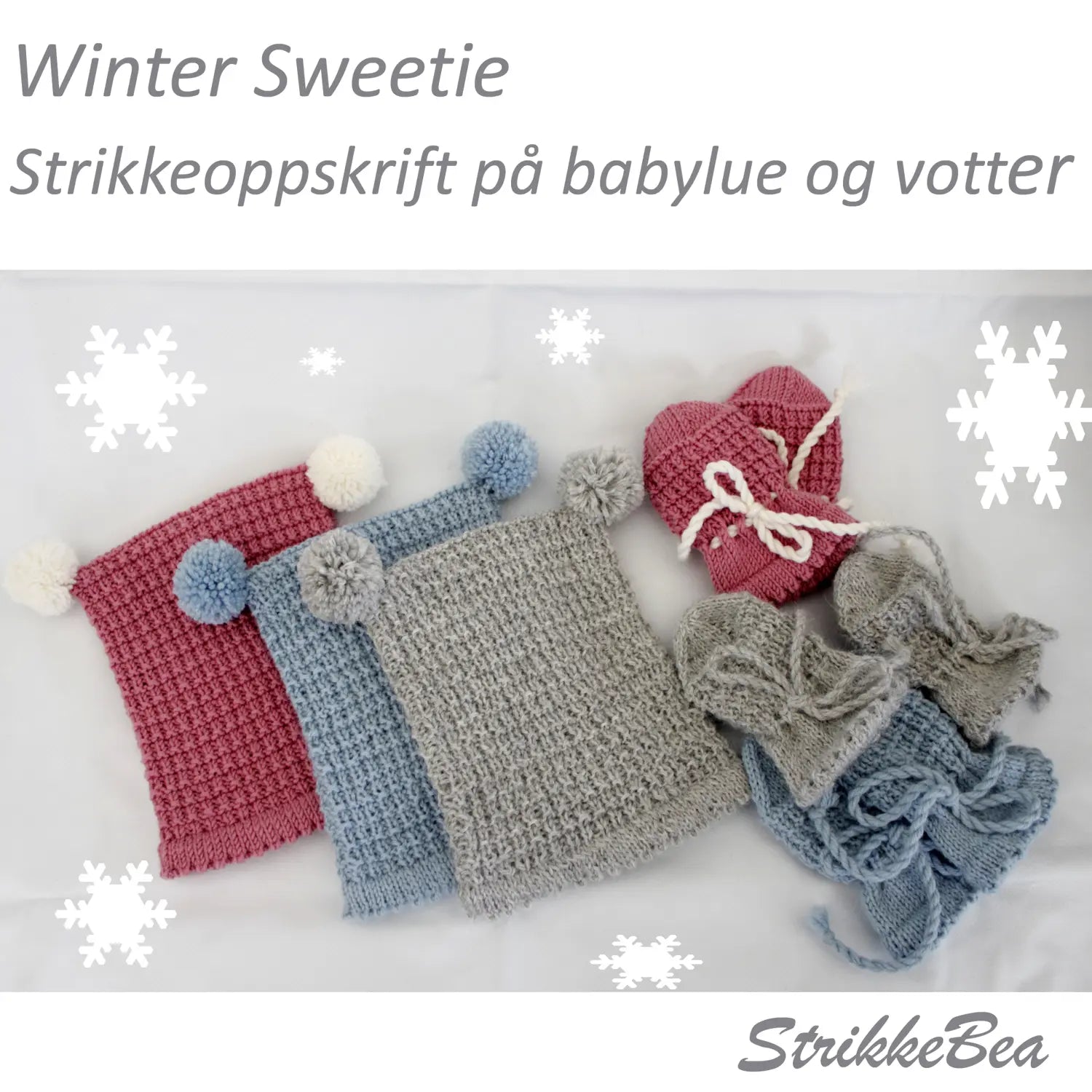 Strikket babysett i strukturmønster med lue og votter uten tommel, visning av tre fargevarianter