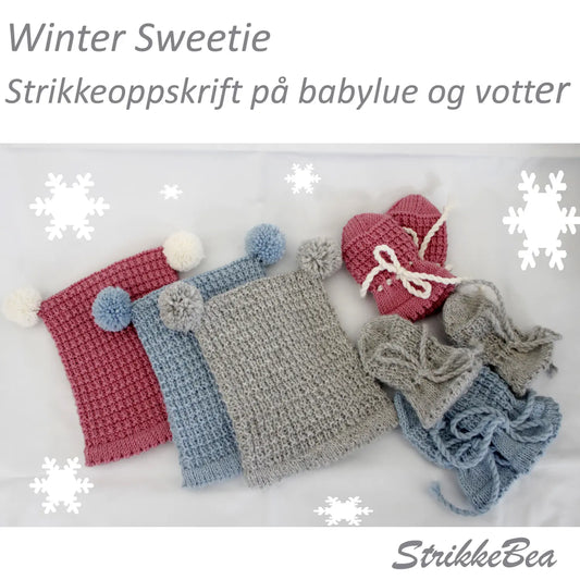 Strikket babysett i strukturmønster med lue og votter uten tommel, visning av tre fargevarianter